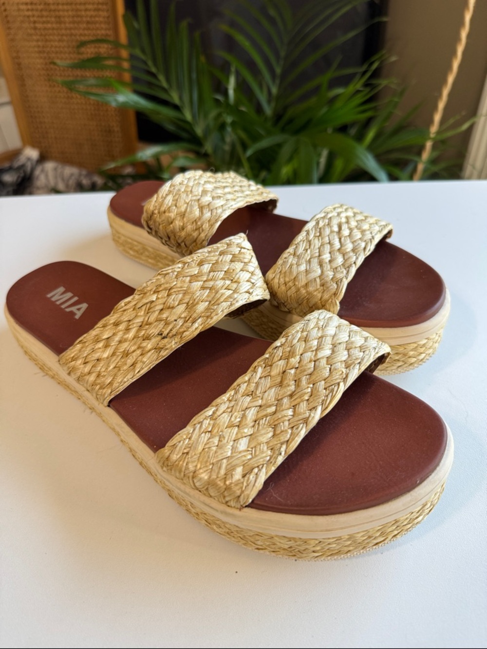 MIA Natural Woven Double-Strap Slide Sandals with Brown Footbed